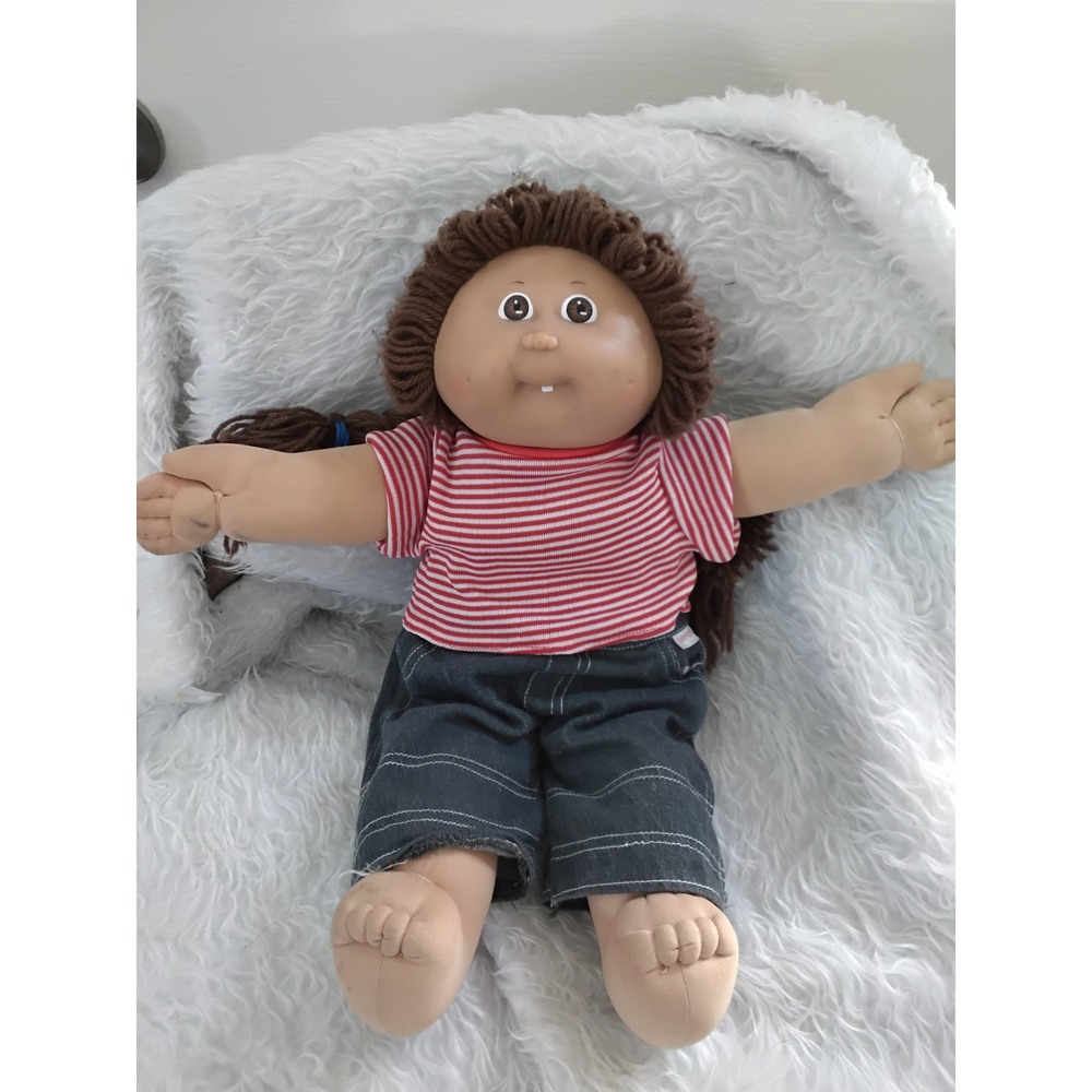 Vintage 1982 Cabbage Patch Kids Doll Coleco Brown Hair Yarn Braids Striped Shirt